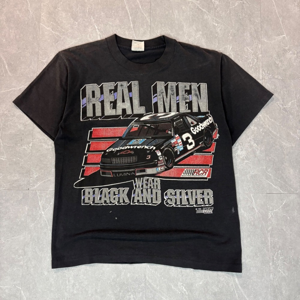 Vintage 1990 Dale Earnhardt Real Men Wear Black and Silver NASCAR T-Shirt Medium